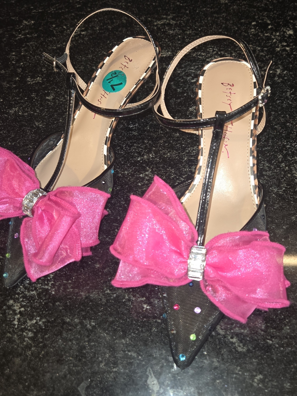 Betsey Johnson Black T-Strap Heels with Hot Pink Bow and Rhinestone Accent